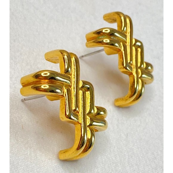 Avon Earrings Gold Tone Double-X Pattern Posts - Picture 2 of 5